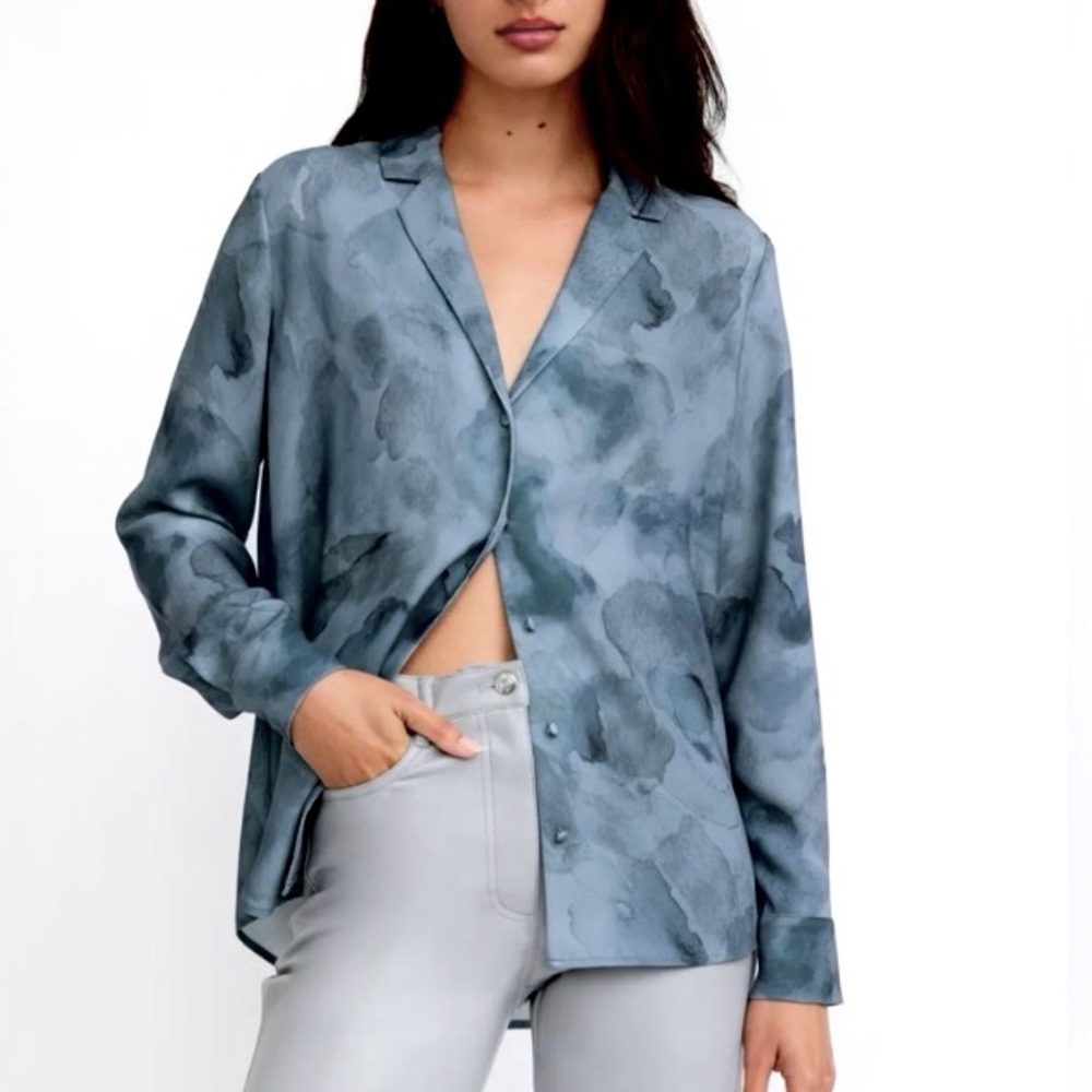 Wilfred Aritzia Slate Blue Watercolor-Print Silk Blouse